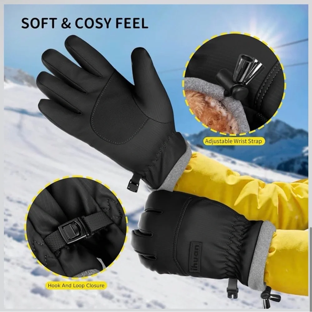 ihuan Black Kids Winter Gloves with Gray Cuffs Size Medium